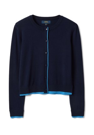Marineblauw cropped vest met ronde hals, lange mouwen, zwarte knopen en een heldere blauwe rand langs de knopenlijn, manchetten en zoom.