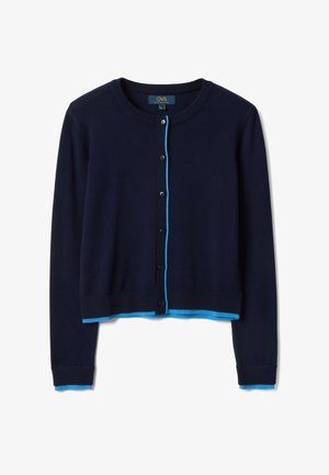 Marineblauw cropped vest met ronde hals, lange mouwen, zwarte knopen en een heldere blauwe rand langs de knopenlijn, manchetten en zoom.