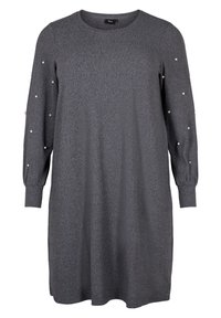 Graues Kleid mit einer lockeren Passform, langen Ärmeln mit perlenähnlichen Akzenten und rundem Ausschnitt. Hergestellt aus strukturiertem Strickstoff.