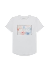 T-shirt bianca a maniche corte con una stampa floreale rettangolare che presenta la scritta "GUESS" in lettere in rilievo, texture morbida, scollatura tonda.