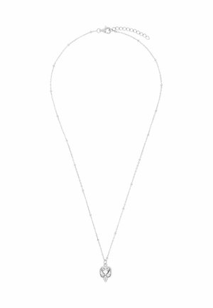 Söljenecklace med en tunn kedja, prydd med en fyrkantig hängande med en intrikat design och en liten ädelstensaccent under hängande.