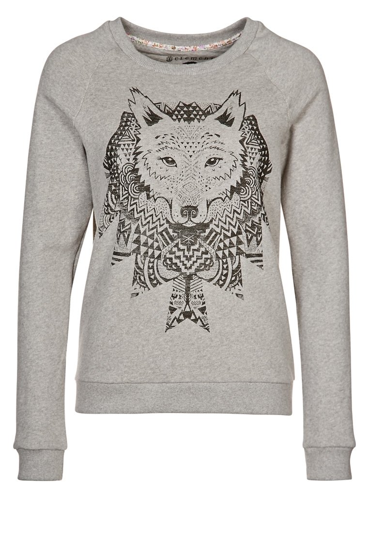 Sweatshirt gris avec un graphisme de loup noir orné de motifs géométriques complexes. Il possède un col rond et des poignets et un ourlet côtelés.