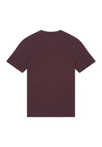 Dunkelburgunderfarbendes T-Shirt mit kurzen Ärmeln, aus glattem Stoff, mit klassischen Rundhalsausschnitt und schlichtem Rücken, ohne Taschen oder Verzierungen.