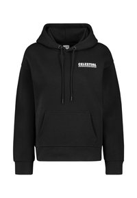 Schwarzer Kapuzenpullover aus Baumwollmischung, mit Kängurutasche, Zugbändern und weißem "CELESTIAL"-Logo auf der Brust.