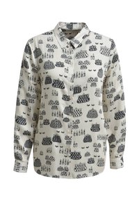 Long-sleeved shirt in cream fabric, featuring black patterns of cosmetic bags and lipsticks; classic collar and button-down front.