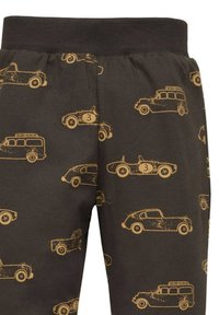 Puuvillahousut, joissa on tummanruskea kangas, jossa on keltaisia auto-kuvioita. Elastinen vyötärö ja pehmeä rakenne lisäävät mukavuutta suunnittelussa.