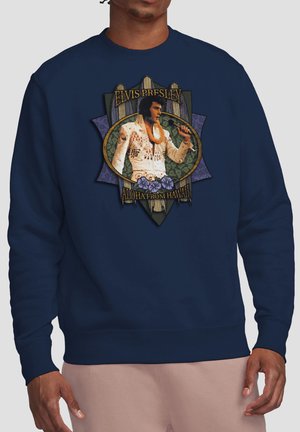 Navy sweatshirt featuring a graphic of Elvis Presley in a white jumpsuit holding a microphone with text "Elvis Presley Aloha from Hawaii."