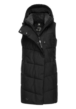 Gilet rembourré noir avec fermeture éclair sur le devant, capuche et design matelassé. La doublure intérieure présente une texture grise douce ; comprend des poches latérales et des fermetures à pression.