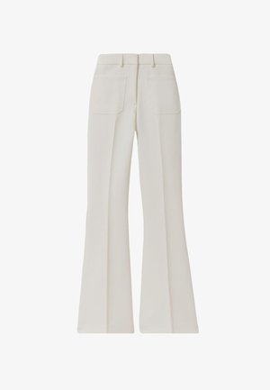 Pantaloni bianchi a vita alta e a gamba larga con tasche posteriori applicate e passanti per cintura, mostrati da dietro su uno sfondo semplice.