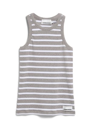 Débardeur rayé gris et blanc, sans manches avec un col rond. Texture douce avec une étiquette au bas du vêtement.