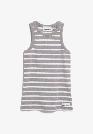 Graues und weiß gestreiftes Tanktop, ärmellos mit rundem Ausschnitt. Weiche Textur mit einem Etikett am unteren Saum.