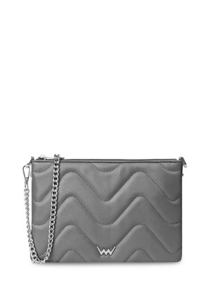 Quilted gray clutch with a wavy texture, silver chain strap, and a zip closure. Features a logo accent in the lower right corner.