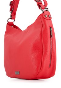 Red leather shoulder bag with a textured finish, featuring a zippered pocket on the side and adjustable strap with metal hardware.
