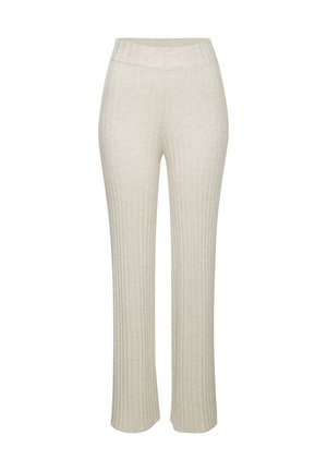 Cream ribbed knit pants with a fitted waistband and flared legs, featuring a soft texture and a smooth finish throughout.