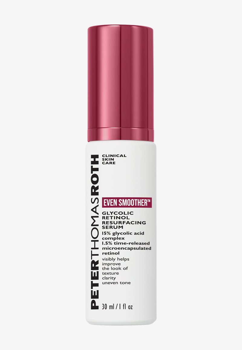 Witte cilindrische fles met een glanzende roze dop. De tekst bevat de productnaam en belangrijkste ingrediënten. De grootte is 30 ml/1 fl oz.