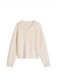 Sweter z dekoltem w serek w kolorze kremowym z fakturowanym wzorem dzianiny, rękawami raglanowymi i krótkim krojem. Miękka tkanina z prążkowanym wykończeniem na dole i mankietach.