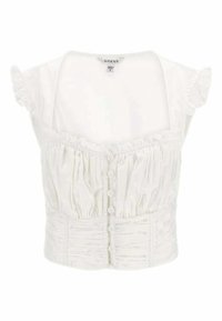 Blusa corta blanca con mangas cortas y volantes, cuerpo fruncido y cierres de botones en la parte delantera. Textura suave con un diseño ajustado.