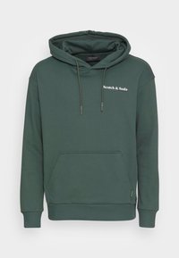 Groene hoodie met een voorste kangoeroezak, verstelbare capuchon, geribde manchetten en een wit logo op de borst. Zachte stofstructuur.