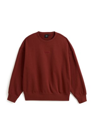 Maroon sweatshirt with long sleeves and a crew neckline. Features a stitched logo on the chest and ribbed cuffs and hem for texture.