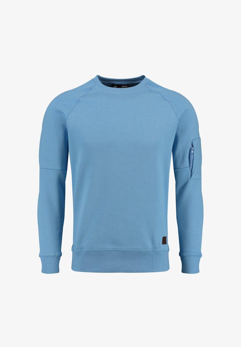 Felpa azzurra chiara con maniche lunghe, collo a rondine a coste e tasca con zip sulla manica sinistra. Tessuto morbido con una texture liscia.