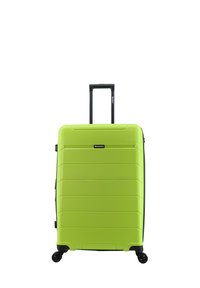 Green hard-shell suitcase with horizontal ridges, black wheels, and a retractable handle. Features a logo on the front.