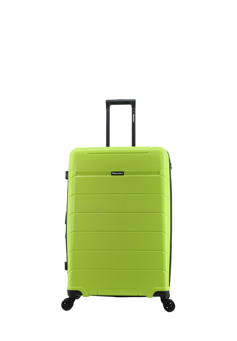 Green hard-shell suitcase with horizontal ridges, black wheels, and a retractable handle. Features a logo on the front.