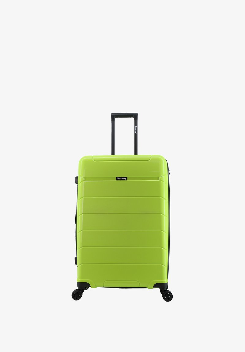 Green hard-shell suitcase with horizontal ridges, black wheels, and a retractable handle. Features a logo on the front.
