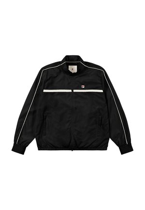 Zwarte nylon trainingsjack met witte accentstrepen, hoge kraag, ritsluiting, elastische manchetten en FILA-logo op de linkerborst.