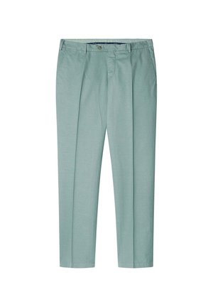 Jasnozielone spódnie o dopasowanym kroju z prostą nogawką, plisowanym przodem i zamkiem błyskawicznym. Wykonane z gładkiego materiału o subtelnej fakturze.