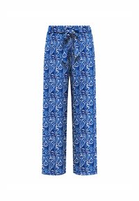Pantalones de pierna ancha en azul y blanco con estampado abstracto de hojas y cinturón de tela atado en un lazo en la cintura.