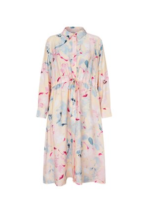 Šaty s květinovým potiskem v pastelových barvách, s límečkem, dlouhými rukávy, zapínáním na knoflíky a elastickým pasem s páskem.