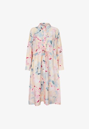 Sukienka w kwiatowy wzór w pastelowych kolorach, z kołnierzykiem, długimi rękawami, zapinana na guziki, z elastyczną talią i wiązaniem.