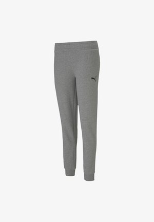 Gray sweatpants made of soft fabric, featuring a tapered leg design, elastic waistband, and a small black Puma logo on the left thigh.