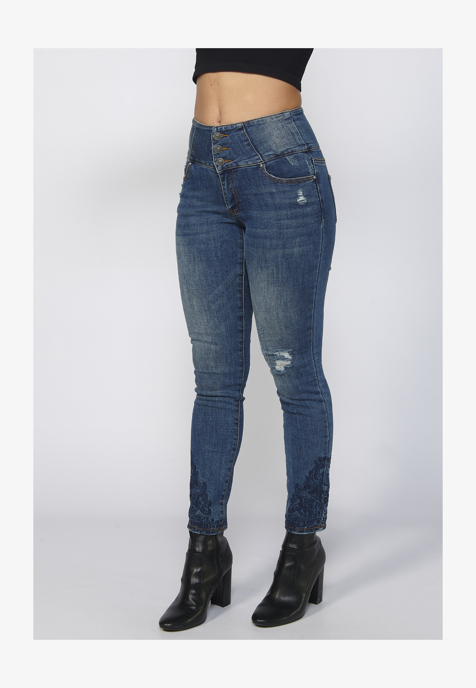 Koroshi Jeans Elasticizzati Donna – Slim Fit Blu Con Stampa Animale, Tiro Medio, 5 Tasche, Chiusura Con Bottone