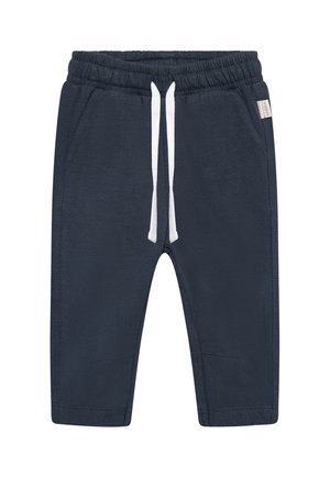 Marineblauwe joggingbroek voor peuters met elastische taille en witte trekkoord, met zijzakken en een klein stoffen merkje.