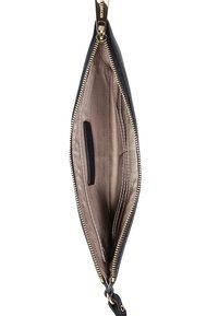 Marinblå läderplånbok med guldfärgad dragkedja, inre fack för kort och kontanter, samt en slät tygfoder. Dragkedjestängning.