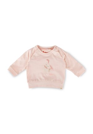 Morbida felpa rosa chiaro a maniche lunghe per bambini, con polsini e orlo a coste, decorata con un piccolo coniglietto ricamato che tiene un fiore sulla parte frontale.