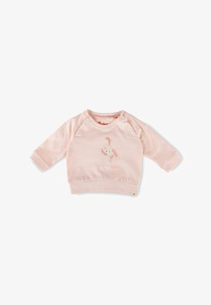 Morbida felpa rosa chiaro a maniche lunghe per bambini, con polsini e orlo a coste, decorata con un piccolo coniglietto ricamato che tiene un fiore sulla parte frontale.