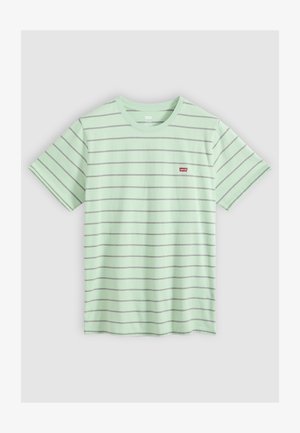 Light green short-sleeve T-shirt with thin horizontal dark stripes and a small red Levi's logo on the left chest.