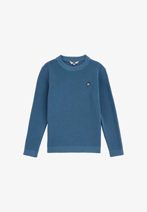 Maglione blu lavorato a maglia con motivo strutturato, collo tondo e polsini a coste, con un piccolo logo nero ricamato sul petto.