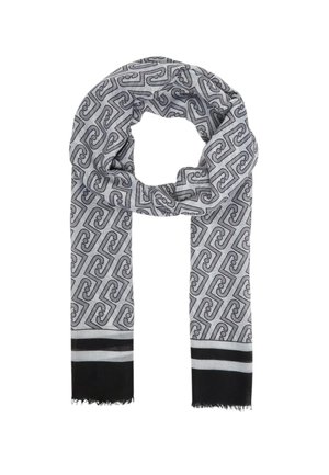 Sciarpa grigia con motivo geometrico a spirale nero e estremità a righe nere e grigio chiaro, con bordi sfrangiati.