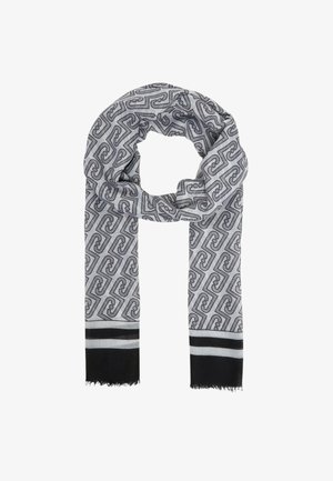 Sciarpa grigia con motivo geometrico a spirale nero e estremità a righe nere e grigio chiaro, con bordi sfrangiati.