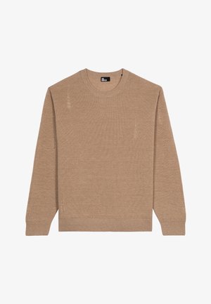 Pull en tricot beige à côtes avec manches longues, encolure ronde et fentes latérales discrètes. Texture douce, avec étiquette de la marque au niveau de l'encolure.
