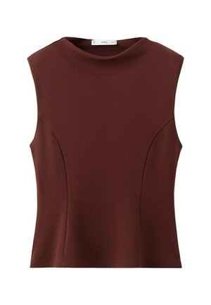 Top aderente senza maniche di colore marrone scuro con scollo alto rotondo e sottili cuciture decorative sui pannelli frontali.