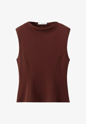 Top aderente senza maniche di colore marrone scuro con scollo alto rotondo e sottili cuciture decorative sui pannelli frontali.