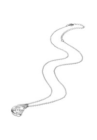 Silberne Halskette mit einem tropfenförmigen Anhänger, der einen zentralen klaren Stein und ein verdrehtes Metalldesign aufweist. Die Kette hat kleine, runde Glieder.
