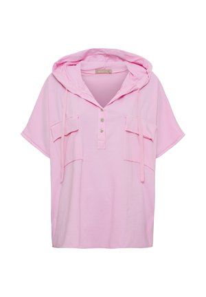 Lyserød kortærmet hættetrøje med knaplukning foran, snore og to klaplommer på brystet.