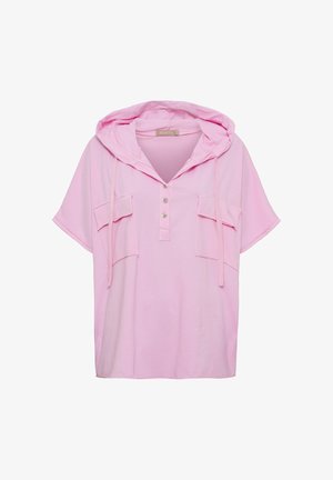 Lyserød kortærmet hættetrøje med knaplukning foran, snore og to klaplommer på brystet.