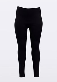 Schwarze Leggings aus elastischem Material, mit hohem Bund, schlankem Schnitt und glatter Oberfläche ohne sichtbare Nähte oder Muster.