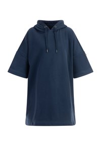 Tengerészkék, oversized kapucnis ruha, puha anyagból készült, állítható kapucnival, rövid, széles ujjal, és logó részlettel a karon.